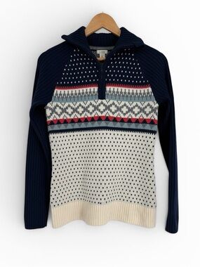 L.L. Bean Women’s 100% Merino Wool Sweater  Fair Isle Size XS 1/4 Zip Bird’s Eye
